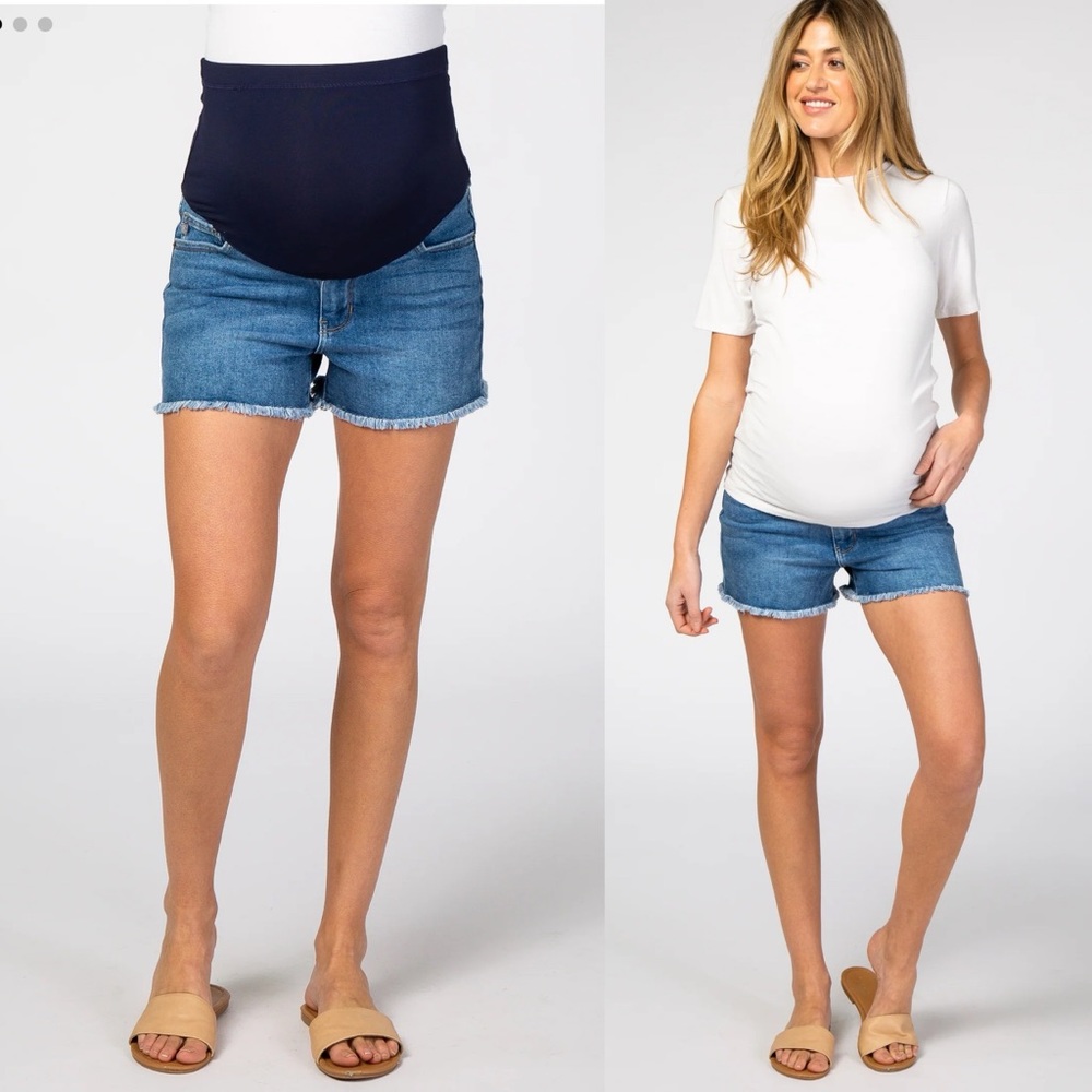 Pinkblush Medium Wash Fringe Hem Maternity Full Panel Denim Shorts - Picture 9 of 9